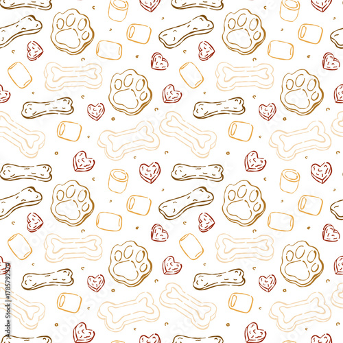 Seamless pattern with pet snacks. Dog food. Print for pet themed designs, textiles and packaging. Pet store.
