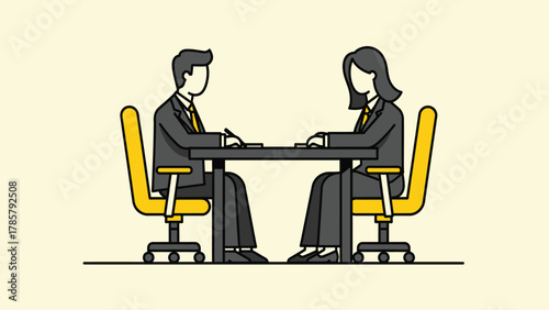 Business Meeting or Job Interview Vector Illustration: Two Professionals Sitting at a Desk for Discussion, Negotiation, or Corporate Consultation