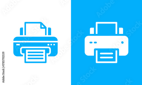 Modern flat icon set of a printer with paper output on a split blue and white background