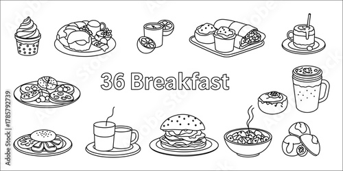 Set of hand drawn fast food and drink icons including burgers, cupcakes, ice cream, fruit bowl, juice, tea mug, smoothie, coconut drink, coffee cup, lemon slices, and milkshake.	