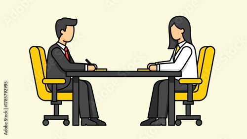 Business People Meeting or Interview Illustration. Male and Female Professionals Sitting at Desk for Discussion, Negotiation, or Contract Signing Vector