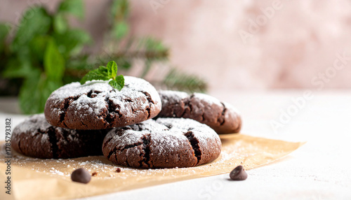 Chocolate cookies with powdered sugar and star anise