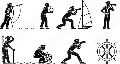 Dynamic sailors navigate ocean adventures, signaling directions, steering vessels, and spotting distant horizons with maritime tools.