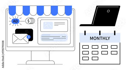 Computer screen with ads, payment icons, email alerts, and a monthly calendar. Ideal for marketing, business growth, advertising, email campaigns planning organization financial tracking. Simple