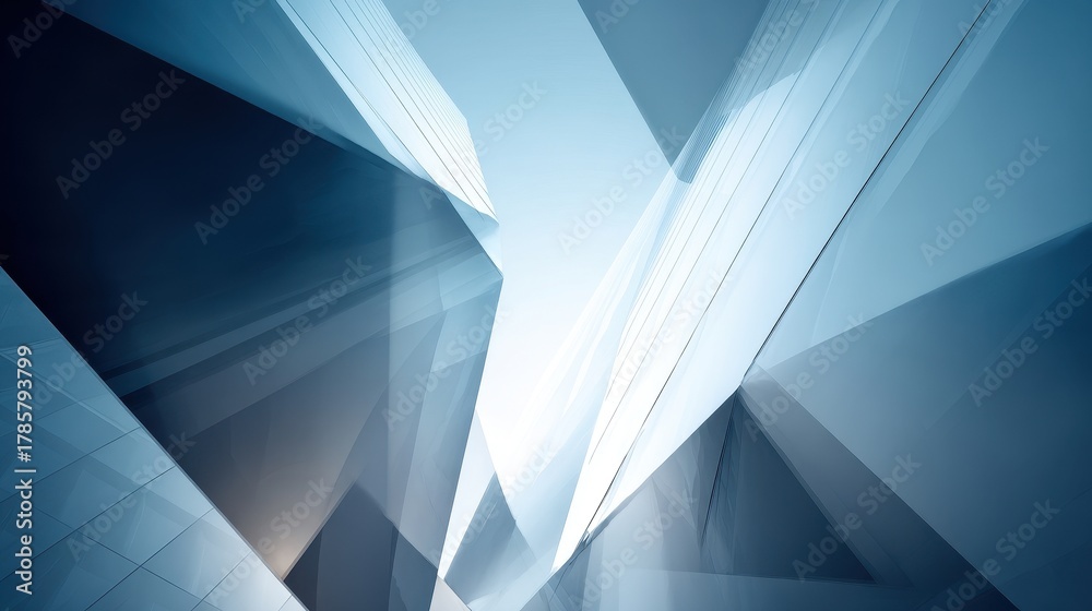 Naklejka premium Abstract Modern Glass Architecture with Dynamic Geometric Blue Reflections