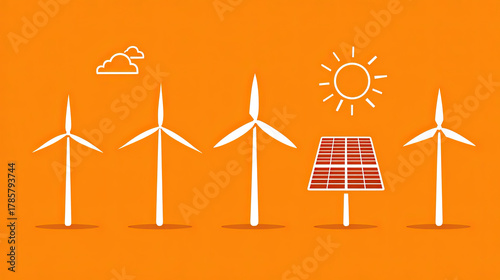 Wind turbine and solar panel illustration bright orange scene