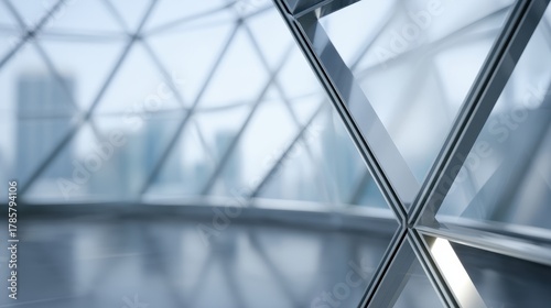 Modern corporate glass interior with geometric design and city view