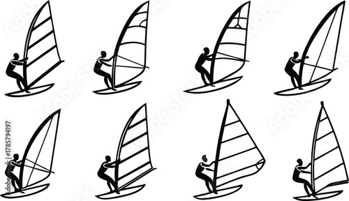 Dynamic windsurfers in action capturing the thrill of sailing across water and waves, perfect for sports and adventure themes