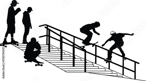 Dynamic skateboarders master gravity defying tricks on urban stairs and rails, showcasing extreme sports action and youthful energy.