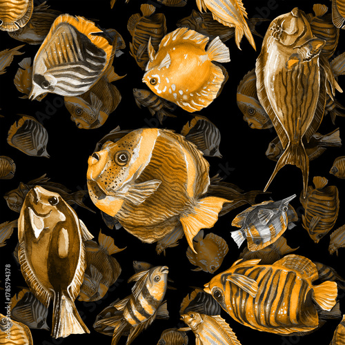 Seamless gold pattern with layers of exotic fish. Watercolor seamless pattern on black background.
