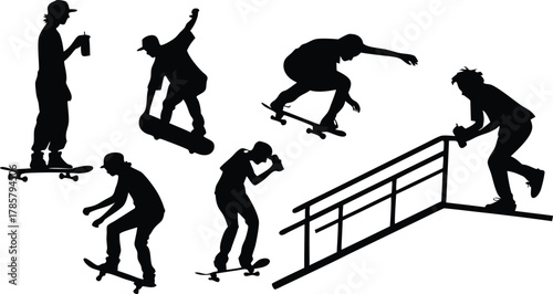 Dynamic skateboarders capture thrilling extreme sports action with bold silhouettes, perfect for energetic branding and urban youth culture promotion.