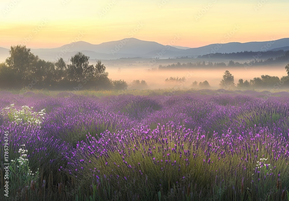 Obraz premium A serene lavender field under the soft glow of sunrise