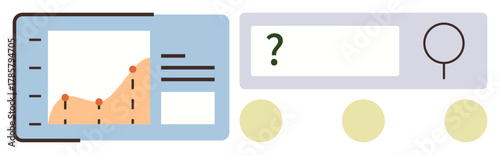 Infographic features data graph with points, search bar, question mark symbol, and three yellow circles. Ideal for analytics, research, decision-making, solutions, exploration problem-solving