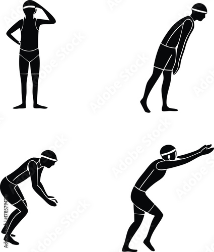 Dynamic swimmer poses capture athletic training, competitive spirit, and the focused intensity of aquatic sports training sequences