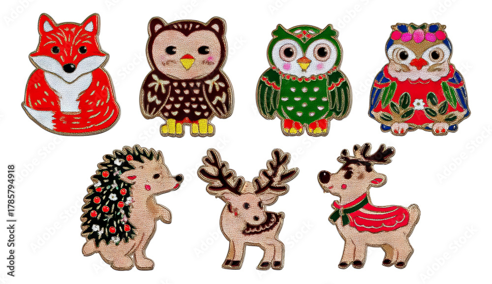 Fototapeta premium Colorful Animal Illustrations with Fox, Owl, Hedgehog, Reindeer on Transparent Background
