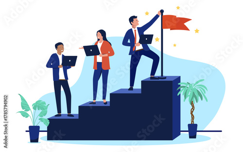 A diverse business team with laptops climbs a set of stairs towards a flag at the top, symbolising career success and professional achievement in a flat design vector illustration