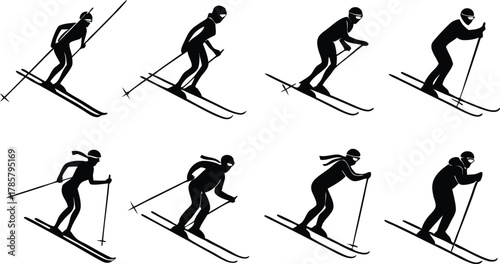 Dynamic silhouettes capture skiers in graceful motion, showcasing winter sport action and athletic prowess in diverse poses