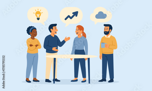 Group of coworkers exchanging ideas with speech bubbles above table. Positive communication and creative teamwork concept in flat vector style.