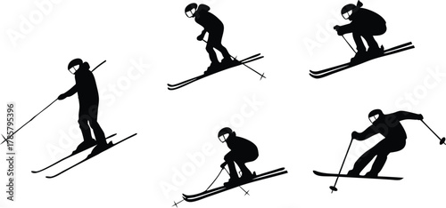 Dynamic skiers in silhouette capture the thrill and action of downhill winter sports, perfect for active lifestyle promotions.