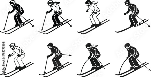 Dynamic Alpine Downhill Skiing Silhouettes Vector Set: Winter Sport and Athlete Collection