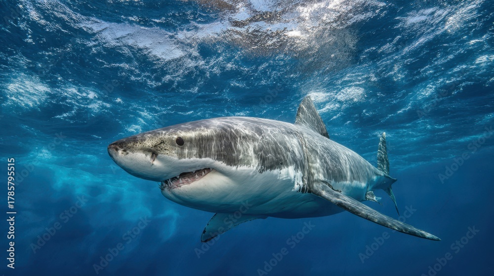 Fototapeta premium Majestic great white shark swimming gracefully in clear ocean waters during a sunny day