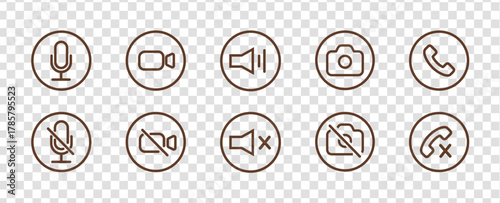 Retro 90s outline phone call interface icons set in linear minimalist style for mobile communication design. Concept of notifications, ringing, talking and video call screens. Flat vector illustration