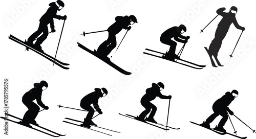 Dynamic skiers captured in silhouette demonstrating various downhill techniques perfect for winter sports promotion and active lifestyle branding