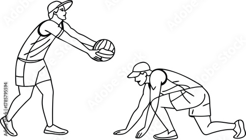 Dynamic volleyball players in action, capturing intense moments of sport and athletic performance with clean linework