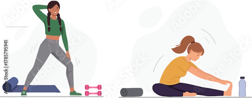 Women Stretching and Exercising: Yoga Fitness Workout, Home Gym Training, and Body Warm-up Routine