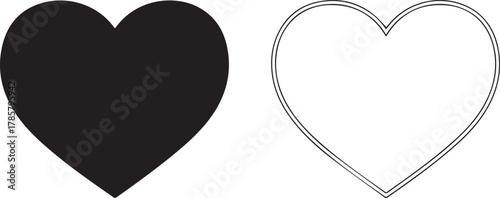 Black and White Heart Icon Set Filled and Outline Symbol for Love or Like Button