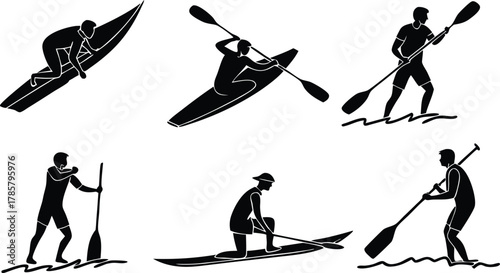 Dynamic water sports silhouettes capture the thrill of paddling and surfing with energetic figures in action, perfect for adventure themes.