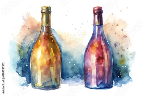 Watercolor Sparkling wine bottle vector illustration 