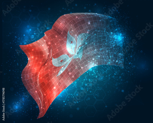 Hong Kong, vector 3d flag virtual triangular polygons on a color background