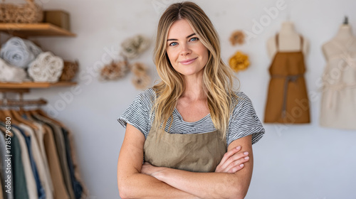 Young woman shop owner smiling with crossed arms