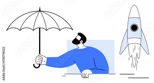 Man with umbrella shielding against risks next to a launching rocket symbolizing innovation, growth, and safety. Ideal for business, security, innovation, risk management, leadership, vision