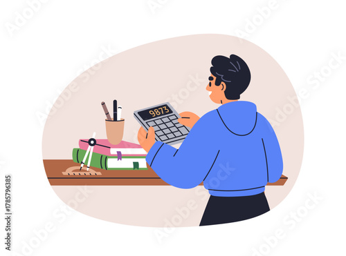 Kid student studying math with calculator. Happy school boy learning mathematics, doing homework, calculation. Schoolkid during education. Flat vector illustration isolated on white background