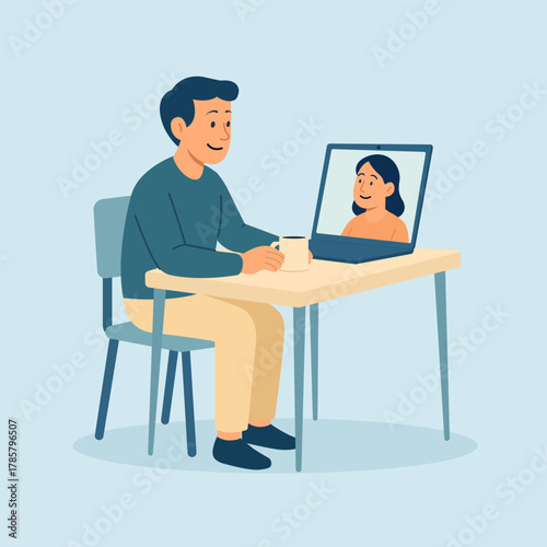Man sitting at table having online video call with woman on laptop screen. Remote communication and virtual connection concept in flat vector style.