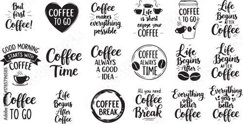 Vector Set of Hand Lettered Coffee Quotes Typography Designs for Mugs and T-Shirts