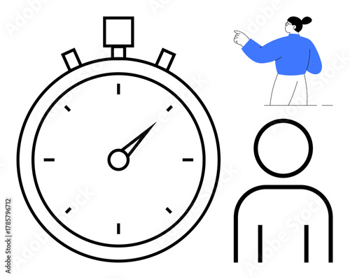 Stopwatch indicating precise time, outlined person and figure pointing toward direction. Ideal for time management, decision making, productivity, priorities, leadership, task delegation, simple flat