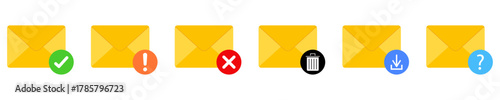 Set of yellow mail envelope icons. Including check, warning, error, delete, download, and question marks icons. Set mailbox vector icons in flat style. Vector illustration.