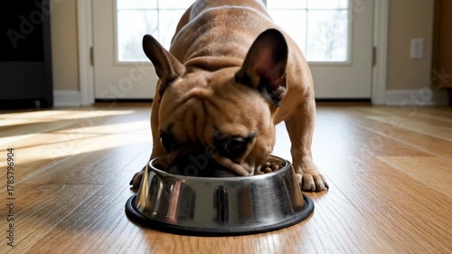 French Bulldog Eats Kibble From Metal Bowl.