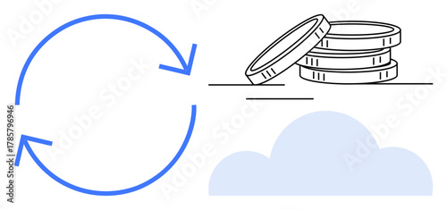 Circular arrows emphasize cyclical process, stacked coins signify money and savings, and a cloud symbolizes digital storage. Ideal for finance, technology, savings, cloud computing, economy, data