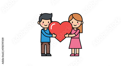 Cartoon illustration of a smiling couple holding a big red heart representing love and affection