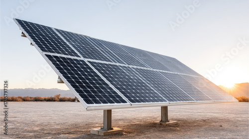 Solar panel array in desert sunrise, sustainable energy