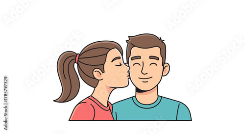 Gentle affection in illustration: a girl's tender kiss on a smiling man's cheek capturing a loving