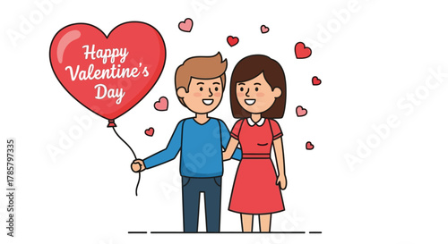 Charming valentine's day illustration featuring a couple with a heart balloon spreading love and