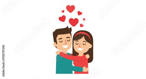Cartoon couple embracing under floating hearts expressing love and affection together forever