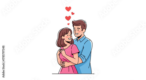 Affectionate cartoon couple embracing each other with love hearts above their heads displaying