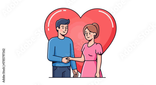 A loving couple holding hands in front of a giant red heart expressing romance and affection
