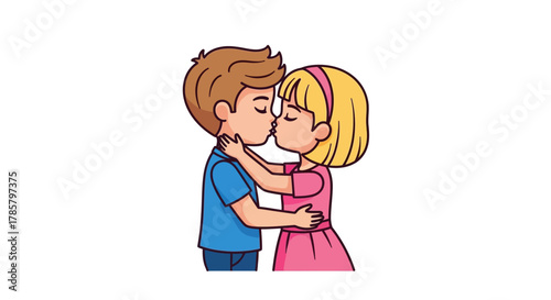 Cartoon illustration of a young couple embracing in a kiss representing young love and affection